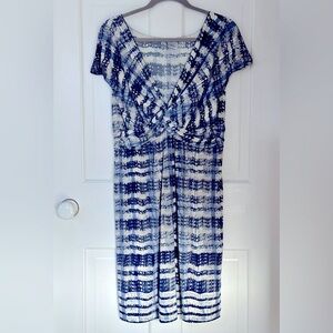 EUC Max Studio blue, gray, white cross-front stretchy midi dress - size L